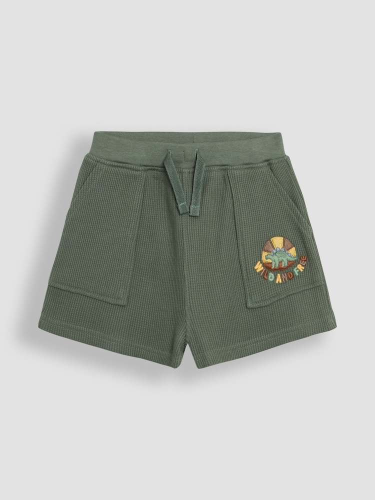 JoJo Maman Bébé Khaki Green Dino Embroidered Textured Shorts - Image 1 of 3