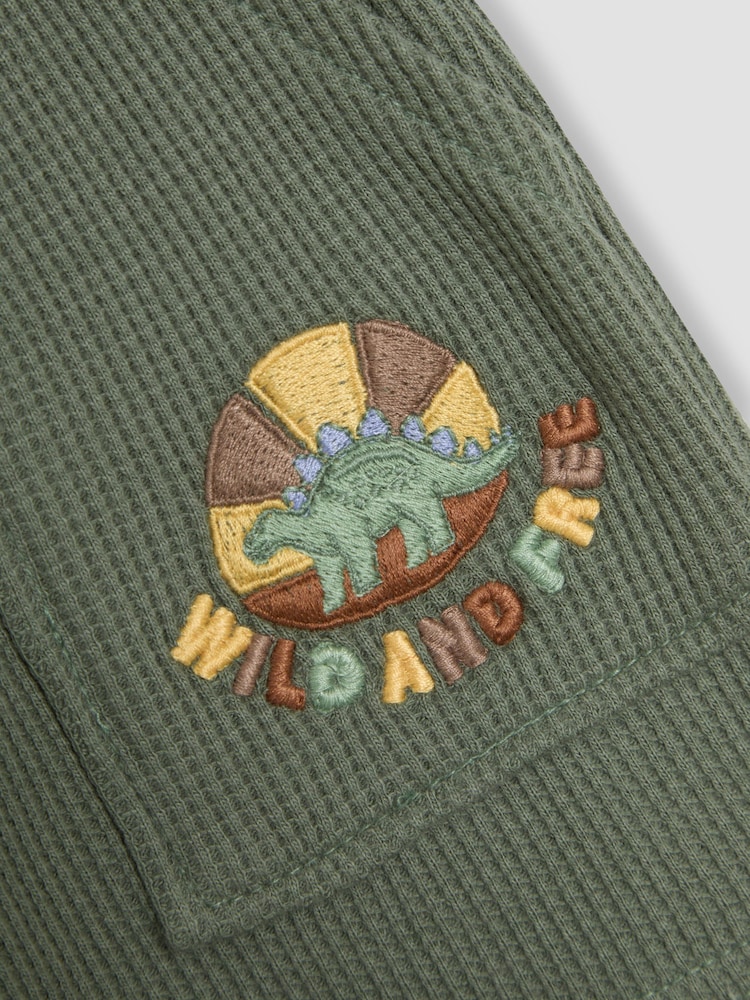 JoJo Maman Bébé Khaki Green Dino Embroidered Textured Shorts - Image 3 of 3