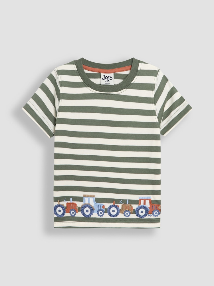 JoJo Maman Bébé Khaki Tractor Appliqué Border T-Shirt - Image 1 of 3
