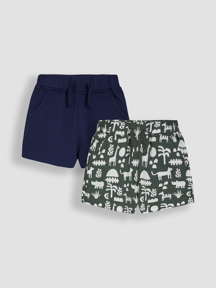 JoJo Maman Bébé Khaki Green Safari & Navy Blue 2-Pack Printed & Plain Shorts - Image 1 of 5