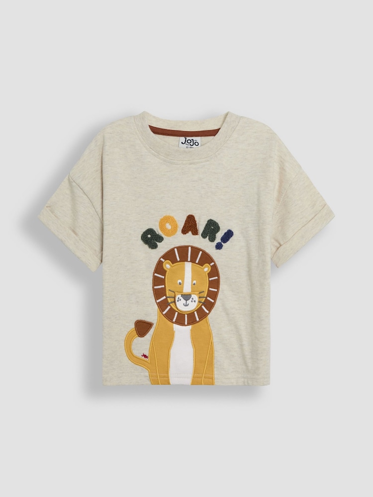JoJo Maman Bébé Natural Lion Interactive Appliqué T-Shirt - Image 1 of 4 JoJo Maman Bébé Natural Lion Interactive Appliqué T-Shirt - Image 1 of 4