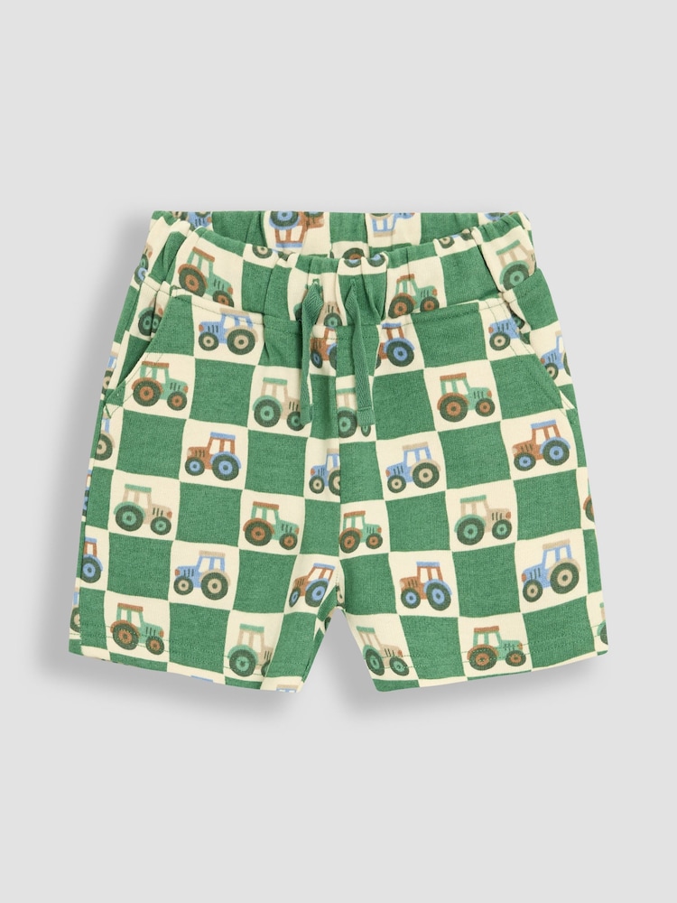JoJo Maman Bébé Khaki Green Tractor & Solid Blue 2-Pack Printed & Plain Shorts - Image 2 of 5
