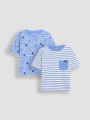 JoJo Maman Bébé Blue Sailboat Print & Stripe 100% Cotton T-Shirts 2 Pack - Image 1 of 7