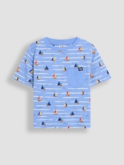 JoJo Maman Bébé Blue Sailboat Print & Stripe 100% Cotton T-Shirts 2 Pack - Image 2 of 7
