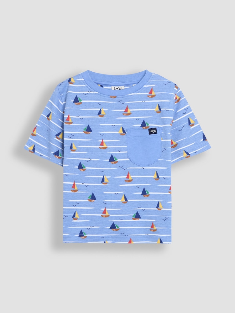 JoJo Maman Bébé Blue Sailboat Print & Stripe 100% Cotton T-Shirts 2 Pack - Image 2 of 7