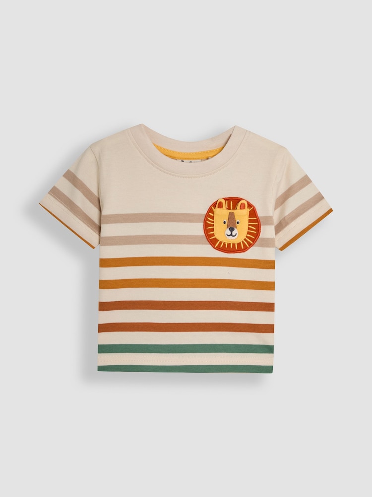 JoJo Maman Bébé Natural Lion Appliqué Pocket 100% Cotton T-Shirt - Image 1 of 3