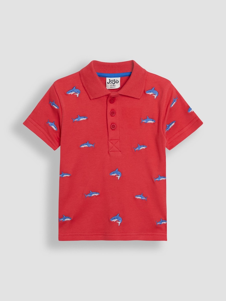 JoJo Maman Bébé Red Shark Printed Polo Shirt - Image 1 of 3 JoJo Maman Bébé Red Shark Printed Polo Shirt - Image 1 of 3