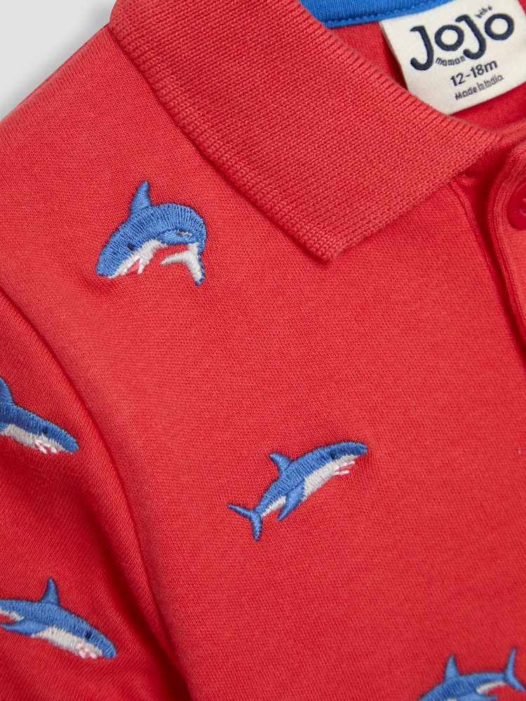 JoJo Maman Bébé Red Shark Embroidered Polo Shirt - Image 3 of 3