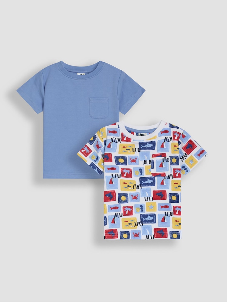 JoJo Maman Bébé White Seaside 2-Pack Printed & Plain T-Shirts - Image 1 of 7 JoJo Maman Bébé White Seaside 2-Pack Printed & Plain T-Shirts - Image 1 of 7