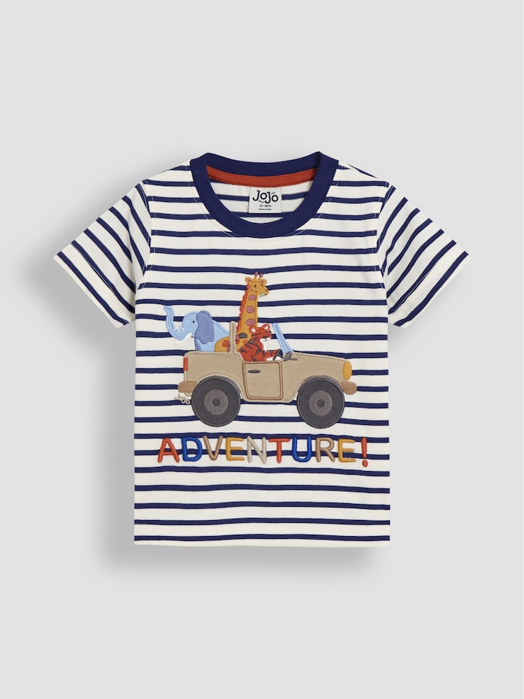 JoJo Maman Bébé Ecru Navy Stripe Safari Appliqué T-Shirt - Image 1 of 3