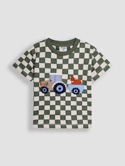 JoJo Maman Bébé Khaki Tractor Appliqué Checkerboard T-Shirt - Image 1 of 5
