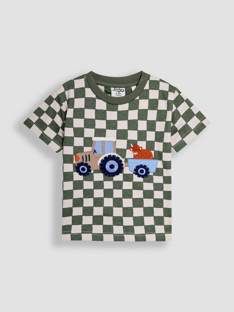 JoJo Maman Bébé Khaki Tractor Appliqué Checkerboard T-Shirt - Image 1 of 5 JoJo Maman Bébé Khaki Tractor Appliqué Checkerboard T-Shirt - Image 1 of 5