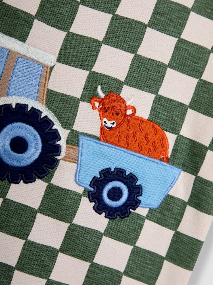JoJo Maman Bébé Khaki Tractor Appliqué Checkerboard T-Shirt - Image 3 of 5