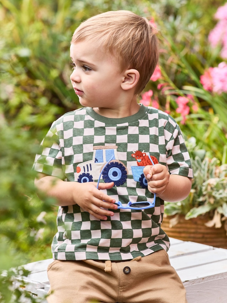 JoJo Maman Bébé Khaki Tractor Appliqué Checkerboard T-Shirt - Image 4 of 5