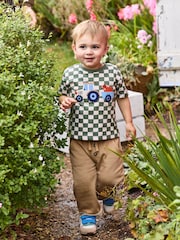 JoJo Maman Bébé Khaki Tractor Appliqué Checkerboard T-Shirt - Image 5 of 5
