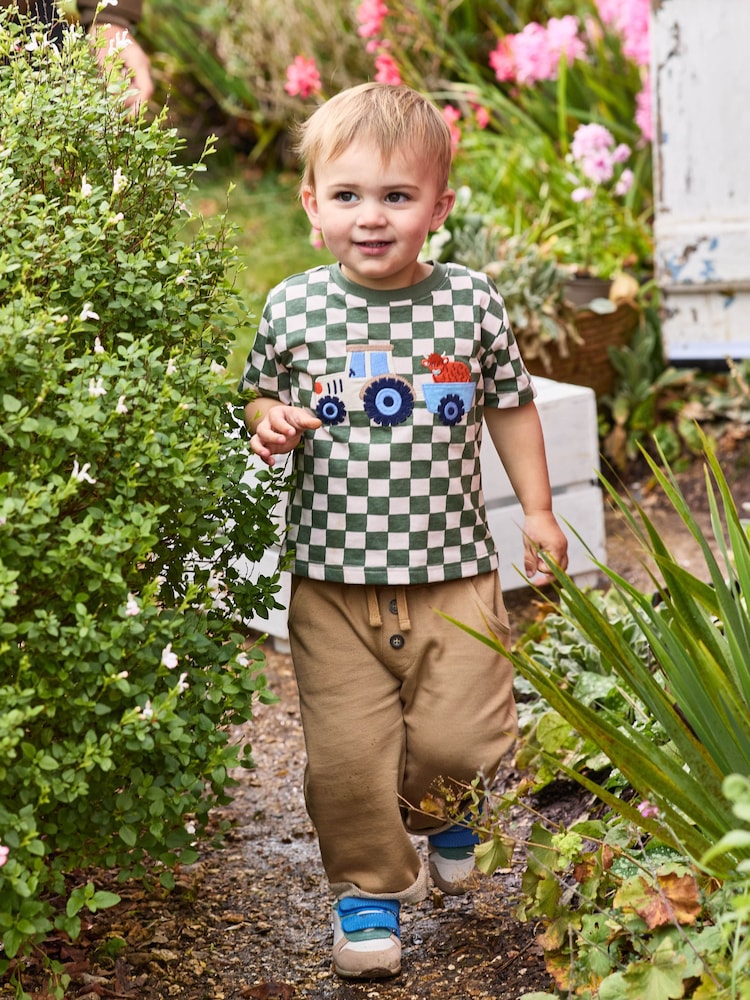 JoJo Maman Bébé Khaki Tractor Appliqué Checkerboard T-Shirt - Image 5 of 5