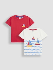JoJo Maman Bébé White Sailboat 100% Cotton Printed & Plain T-Shirts 2 Pack - Image 1 of 5
