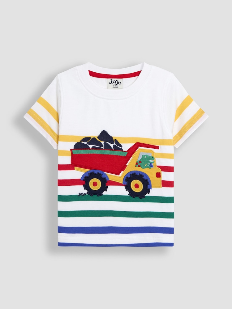 JoJo Maman Bébé Multi Stripe Construction Appliqué T-Shirt - Image 1 of 3