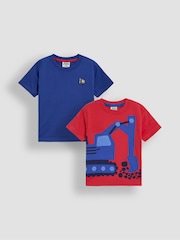 JoJo Maman Bébé Red Construction 100% Cotton Graphic Printed & Plain T-Shirts 2 Pack - Image 1 of 5