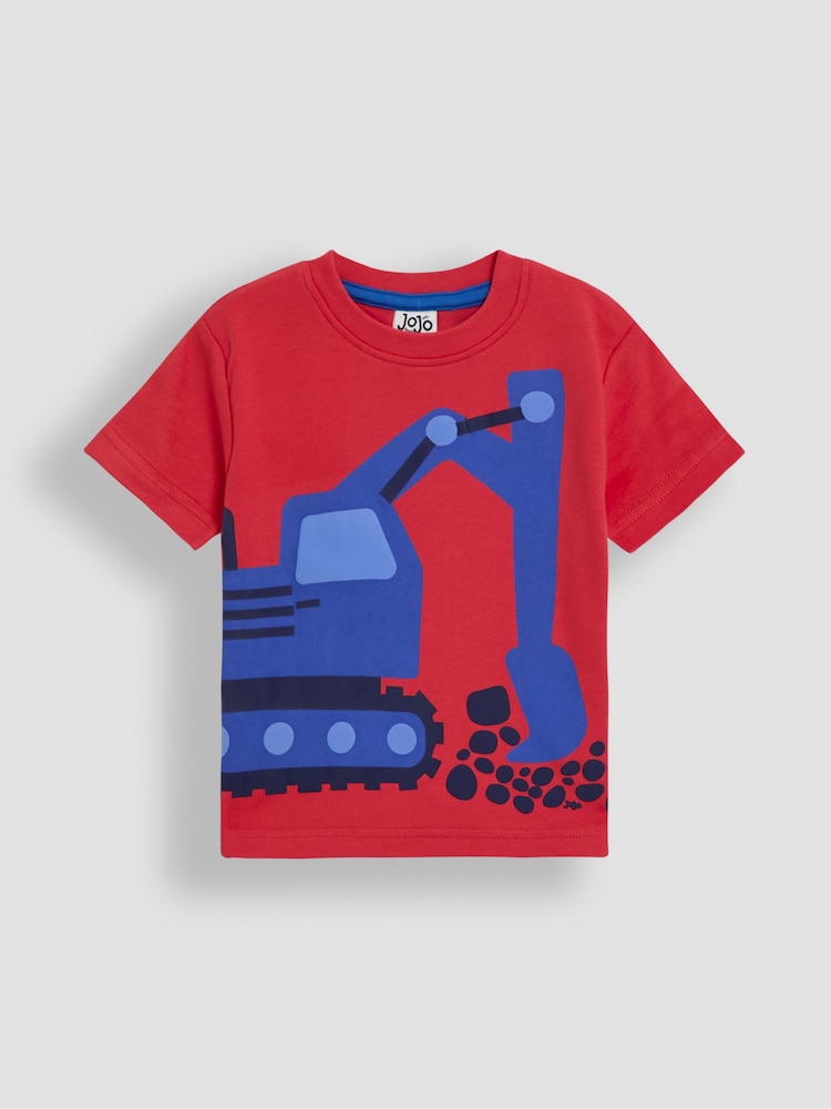 JoJo Maman Bébé Red Construction 100% Cotton Graphic Printed & Plain T-Shirts 2 Pack - Image 2 of 5