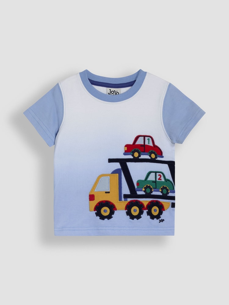 JoJo Maman Bébé Blue Car Transporter Appliqué T-Shirt - Image 1 of 3