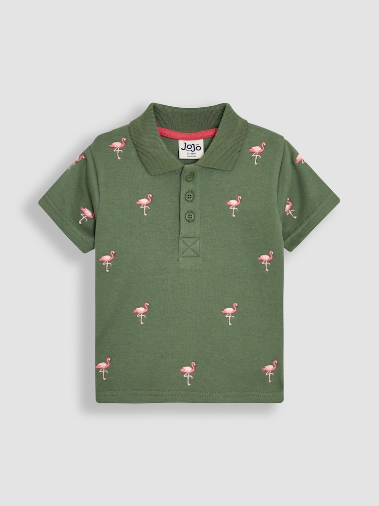 JoJo Maman Bébé Khaki Flamingo Embroidered Polo Shirt - Image 1 of 3