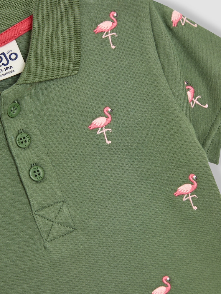 JoJo Maman Bébé Khaki Flamingo Embroidered Polo Shirt - Image 3 of 3
