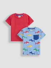 JoJo Maman Bébé Blue Shark 100% Cotton Printed & Plain T-Shirts 2 Pack - Image 1 of 5