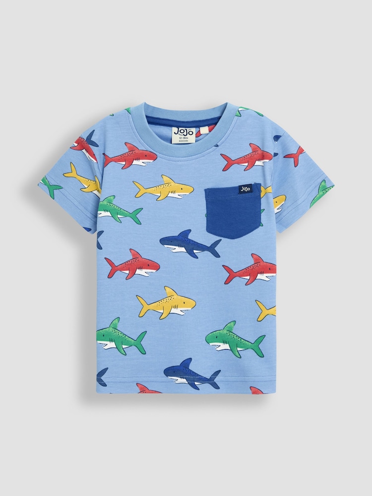 JoJo Maman Bébé Blue Shark 100% Cotton Printed & Plain T-Shirts 2 Pack - Image 2 of 5