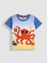 JoJo Maman Bébé Blue Octopus Interactive Appliqué 100% Cotton T-Shirt - Image 1 of 3