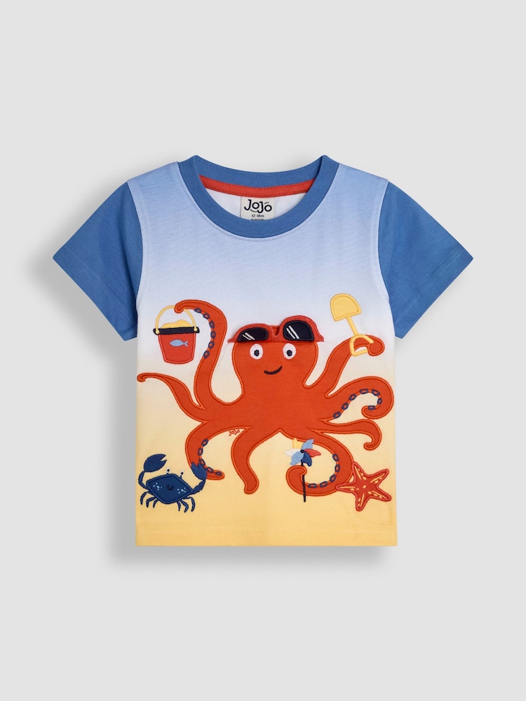 JoJo Maman Bébé Blue Octopus Interactive Appliqué 100% Cotton T-Shirt - Image 2 of 3