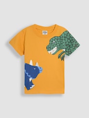 JoJo Maman Bébé Mustard Dinosaur Printed 100% Cotton T-Shirt - Image 1 of 3