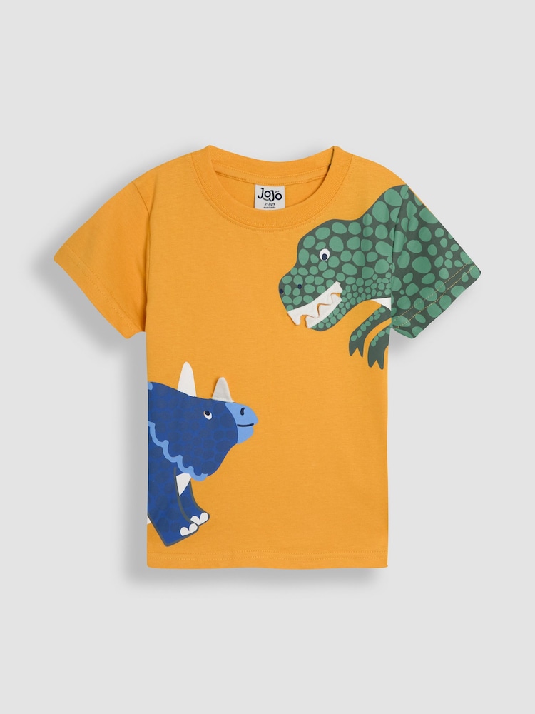 JoJo Maman Bébé Mustard Dinosaur Printed 100% Cotton T-Shirt - Image 1 of 3