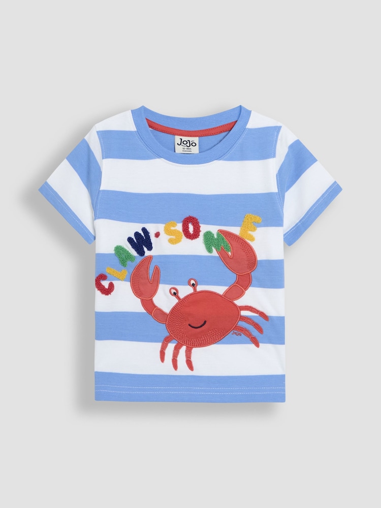 JoJo Maman Bébé Blue Stripe Crab Appliqué T-Shirt - Image 1 of 3