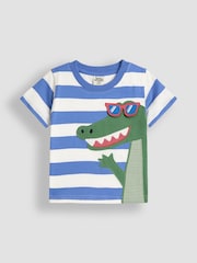 JoJo Maman Bébé Blue Stripe Crocodile Interactive Appliqué T-Shirt - Image 1 of 2