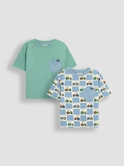 JoJo Maman Bébé Blue Tractor Checkerboard 2-Pack Printed & Plain T-Shirts - Image 1 of 5