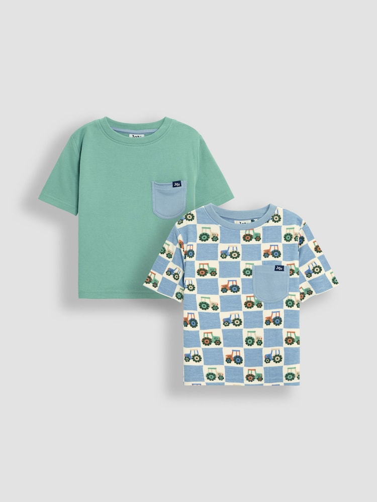 JoJo Maman Bébé Blue Tractor Checkerboard 2-Pack Printed & Plain T-Shirts - Image 1 of 5