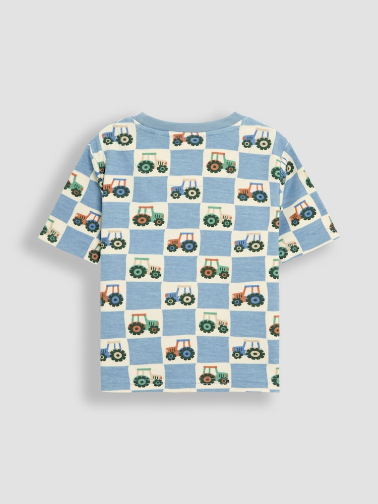 JoJo Maman Bébé Blue Tractor Checkerboard 2-Pack Printed & Plain T-Shirts - Image 3 of 5