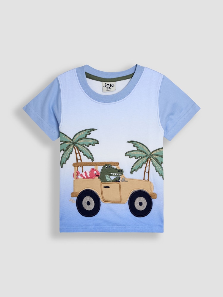 JoJo Maman Bébé Blue Tropical Jeep Appliqué Ombre 100% Cotton T-Shirt - Image 1 of 3