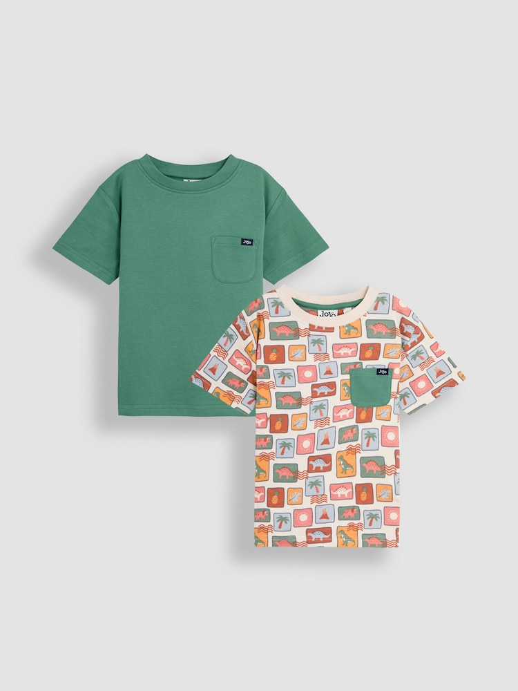 JoJo Maman Bébé Stone Dino Stamp 2-Pack Printed & Plain T-Shirts - Image 1 of 6