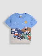 JoJo Maman Bébé Blue Farm Scene Interactive Appliqué 100% Cotton T-Shirt - Image 1 of 3