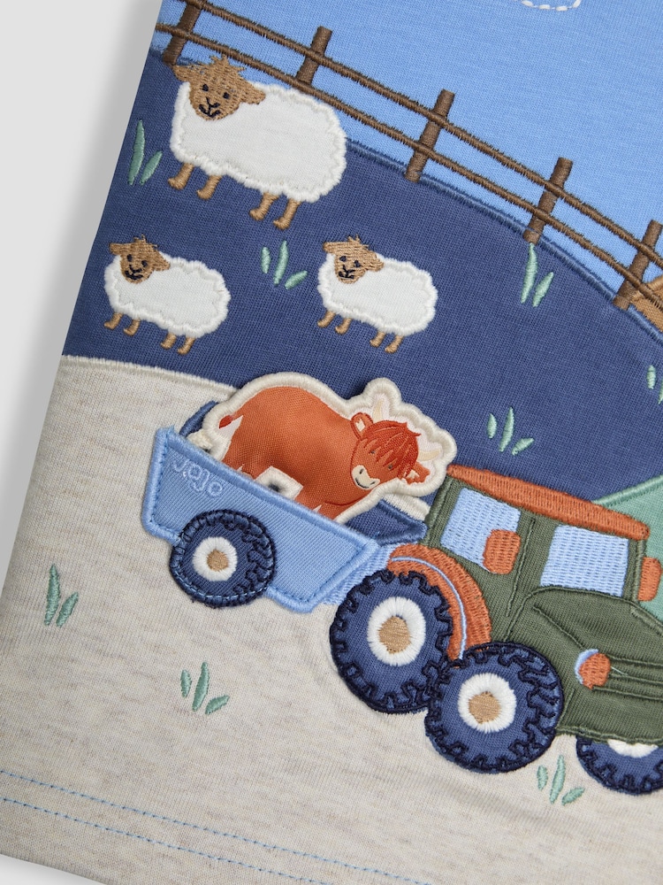JoJo Maman Bébé Blue Farm Scene Interactive Appliqué 100% Cotton T-Shirt - Image 3 of 3