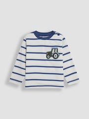 JoJo Maman Bébé Ecru Tractor 100% Cotton Appliqué Pocket Stripe Top - Image 1 of 6