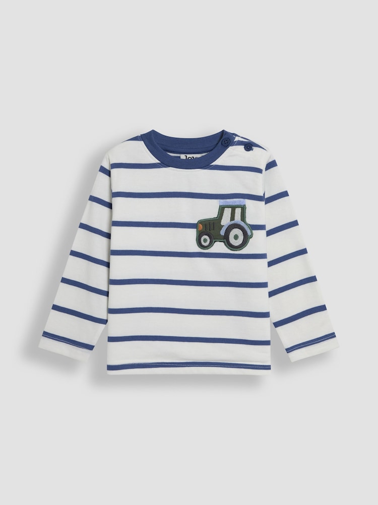JoJo Maman Bébé Ecru Tractor 100% Cotton Appliqué Pocket Stripe Top - Image 1 of 6
