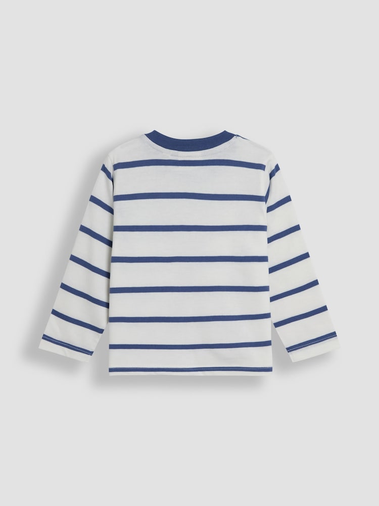 JoJo Maman Bébé Ecru Tractor 100% Cotton Appliqué Pocket Stripe Top - Image 2 of 6