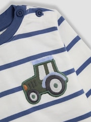 JoJo Maman Bébé Ecru Tractor 100% Cotton Appliqué Pocket Stripe Top - Image 4 of 6
