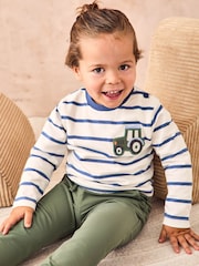 JoJo Maman Bébé Ecru Tractor 100% Cotton Appliqué Pocket Stripe Top - Image 5 of 6