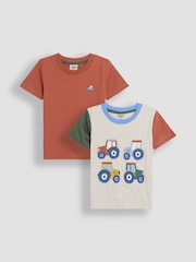 JoJo Maman Bébé Natural Tractor Appliqué & Plain 100% Cotton T-Shirts 2 Pack - Image 1 of 7