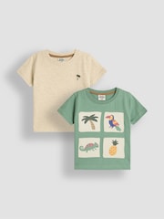 JoJo Maman Bébé Green Tropical Graphic 100% Cotton Printed & Plain T-Shirts 2 Pack - Image 1 of 7