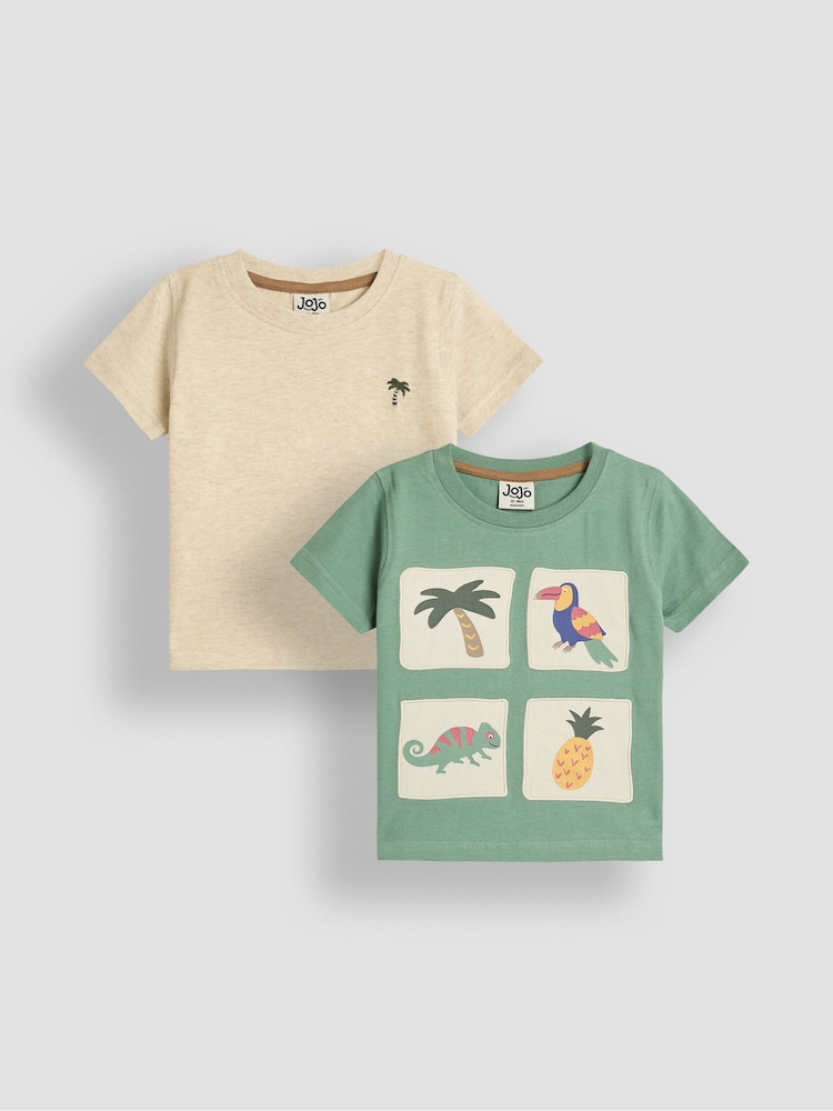 JoJo Maman Bébé Green Tropical Graphic 100% Cotton Printed & Plain T-Shirts 2 Pack - Image 1 of 7